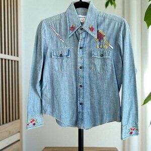 Vintage 60s 70s Hand Embroidered Denim Chambray  Shirt Tennis Floral
